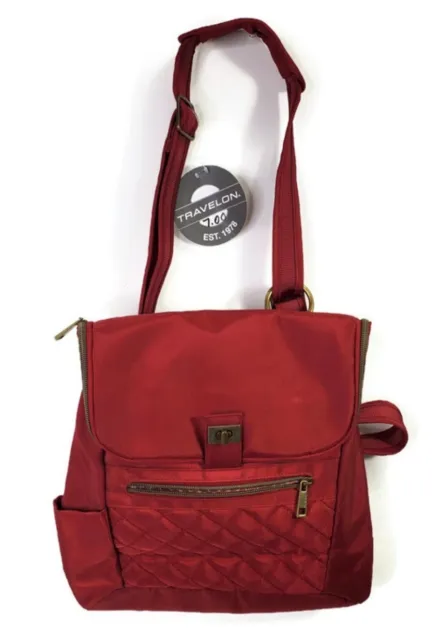 Travelon Anti-Theft Signature Nylon Slim Backpack Rust Red RFID Blocking New