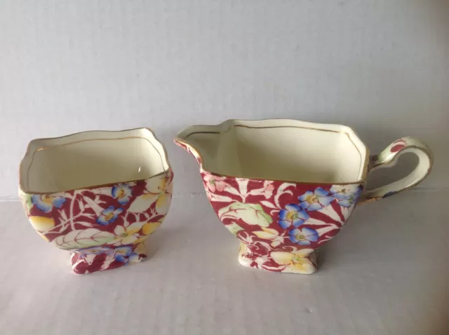 Vtg Royal Winton Grimwades Creamer and Sugar Bowl Spring Glory Burgundy England