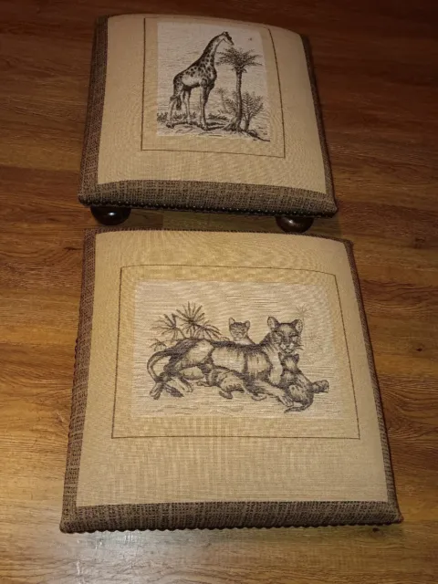 Pair Foot Stools Antique Style Animals Tapestry Wood Brass Studs Made In France!