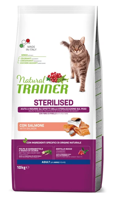 10 Kg Natural Trainer Cibo Secco Gatto Sterilizzato Sterilised Adult con salmone
