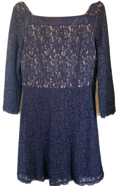 ADRIANNA PAPELL sz 12 women's navy blue long sleeved lace fit/flare dress-EUC