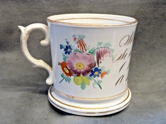 Large Antique Loving Cup Mug Hand Painted With Love Of Drink Verse 1840S Flowers