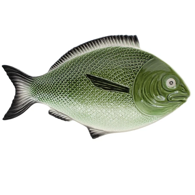 Hand-Painted Ceramic Green Fish Platter, Portuguese Ceramic Platter