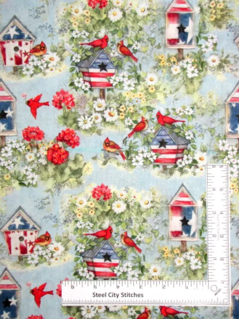 Patriotic Cardinal Birdhouse Flower Fabric Cotton Susan Winget CP75841 By Yard