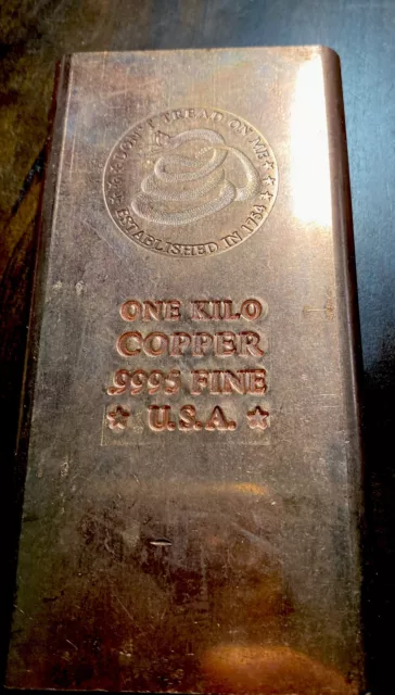 Don't Tread on Me- 1 KILO- Copper Bar-35.27 ozs-.999 Fine Copper