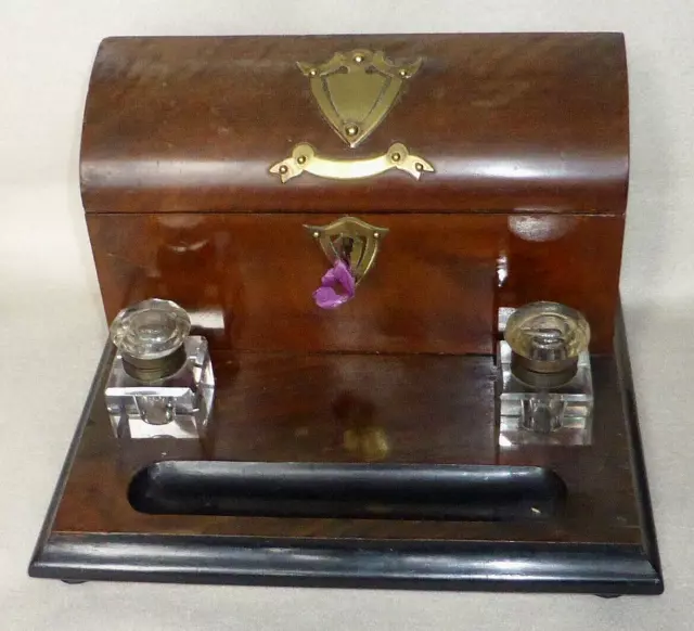 Wonderful Antique Victorian Mahogany Inkstand Stationery Box & Inkwells, c1880