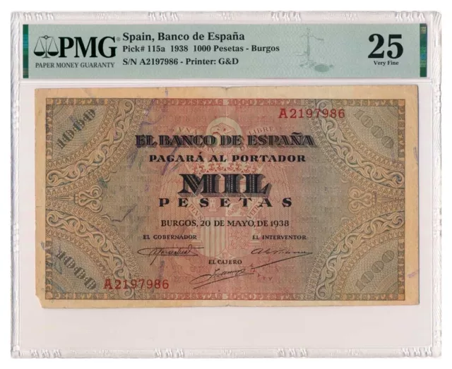 SPAIN banknote 1000 Pesetas 1938 PMG grade VF 25 Very Fine RARE !!!