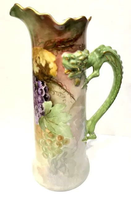 Jean Pouyat Limoges 15” Tankard Pitcher Dragon Handle Hand Painted Artist Signed