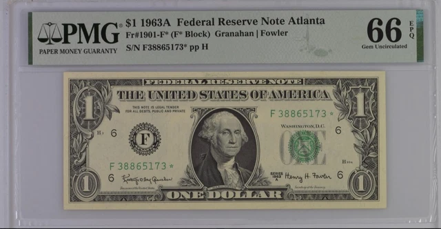 1963 A $1 Federal Reserve Star Note Atlanta Fr.1901-F* Pmg Gem Unc 66 Epq