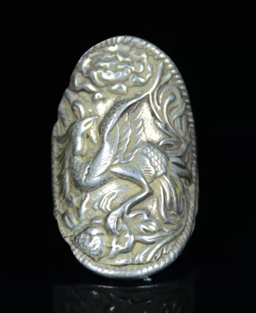 4CM Rare Chinese Miao Silver Feng Shui Phoenix Flower Luck Fingerstall Ring