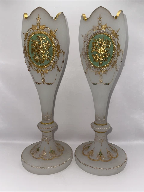RARE Pair of Antique Bristol Crown Cut Glass Vases Hand Painted Gold Gilt  11"