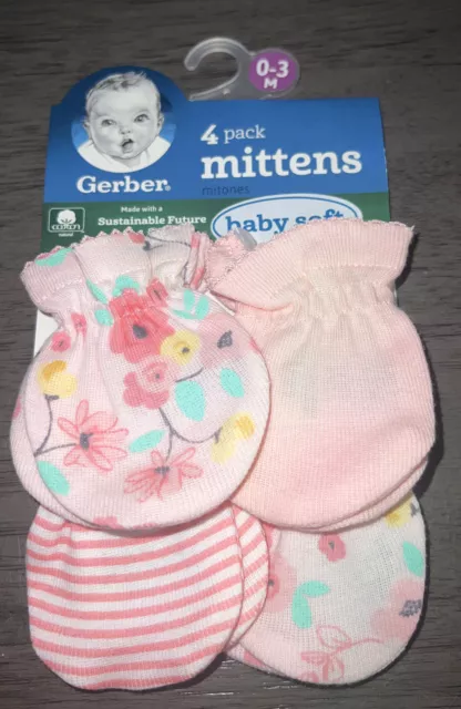 Gerber 4 Pack Baby Girl Scratch Mittens Gloves 0-3 Months Pink Flowers Stripes