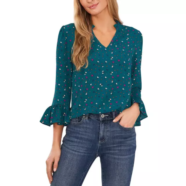 CeCe Womens Green Ruffle Sleeves V-Neck Printed Blouse Shirt M BHFO 4557