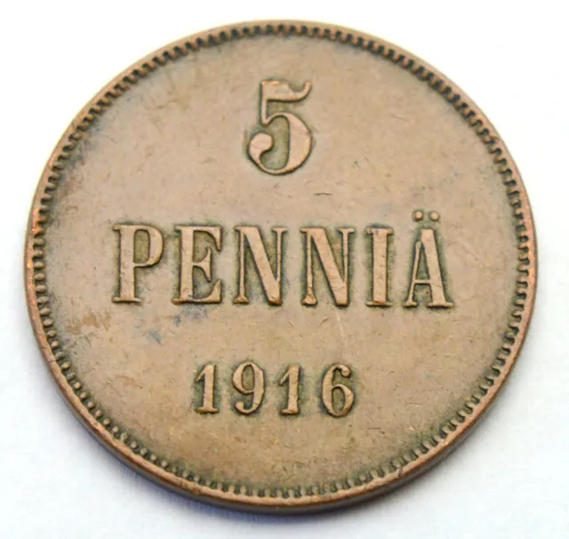 Russia Finland 5 Pennia 1916 Nicholas Ii Old Coin
