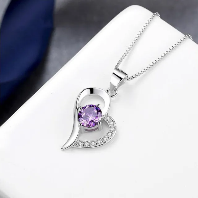 Women Crystal Heart Pendant Chain Necklace 925 Sterling Silver Jewellery Gift UK