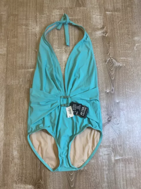 Karla Colletto Swimsuit 14 Plunge Halter One Piece Turquoise Blue Stone Buckle