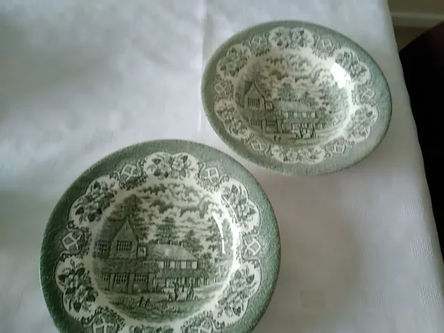 English Ironstone Tableware EIT Green Rimmed Bowls Soup x 2