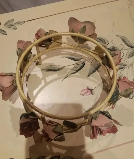 Vintage Shabby Chic Round Metal Candle Holder w/ Pink  Roses Centrepiece Metal