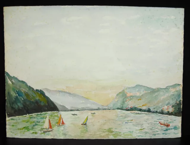 Barcos de Vela Sobre El Lago Del Bourget Y Diente Gato Acuarela Savoy jura c1970