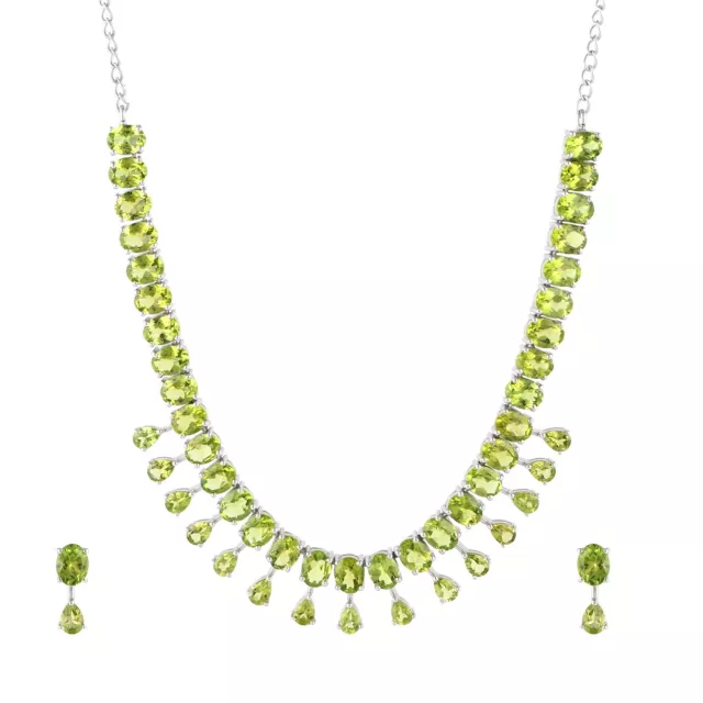 925 Sterling Silver Natural Green Peridot Womens Wedding Necklace Earrings Sets