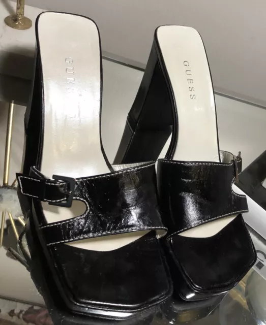 Y2K 90’s Guess Square Heel Open Toe Buckle Black Leather Size 7.5