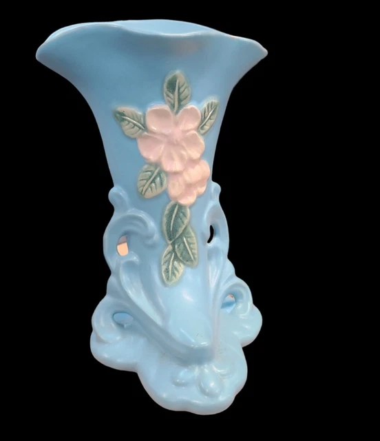 Antique Weller? Art Pottery Wild Rose Cornucopia Vase Robins Egg Blue  8" Tall