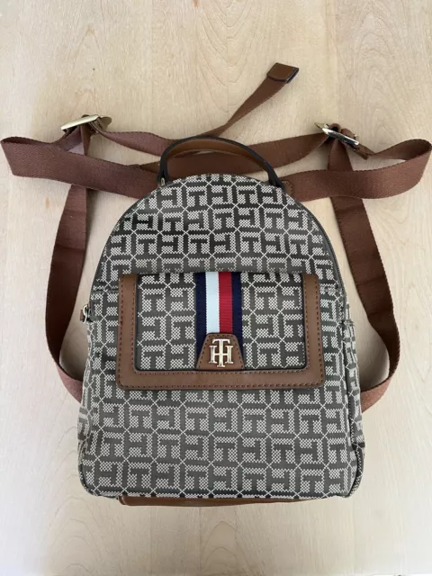 Tommy Hilfiger Jacquard Backpack - Tan Cream Canvas Signature Monogram Logo