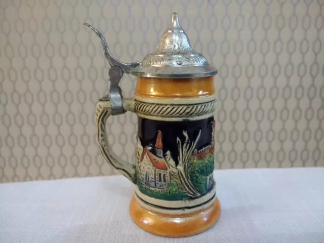 Vintage Small German Art Pottery Ceramic Beer Stein Tankard Mug Metal Lid