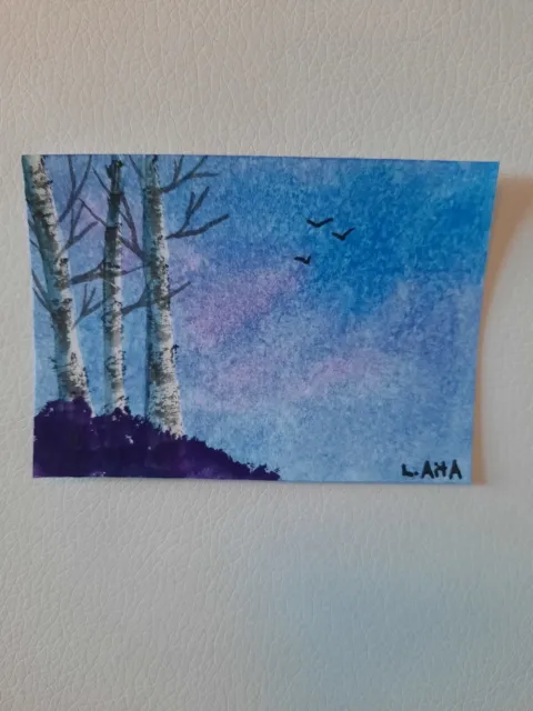Watercolor ACEO Original Painting Mini  2.5x3.5 Abstract Sky Birch Trees