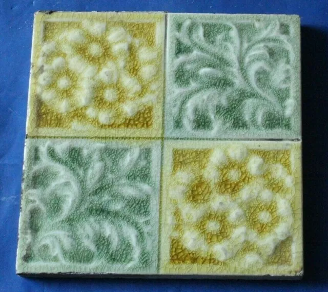 ART NOUVEAU ENGLISH RAISED MAJOLICA FLORAL DESIGN TILE YELLOW AND CELADON f