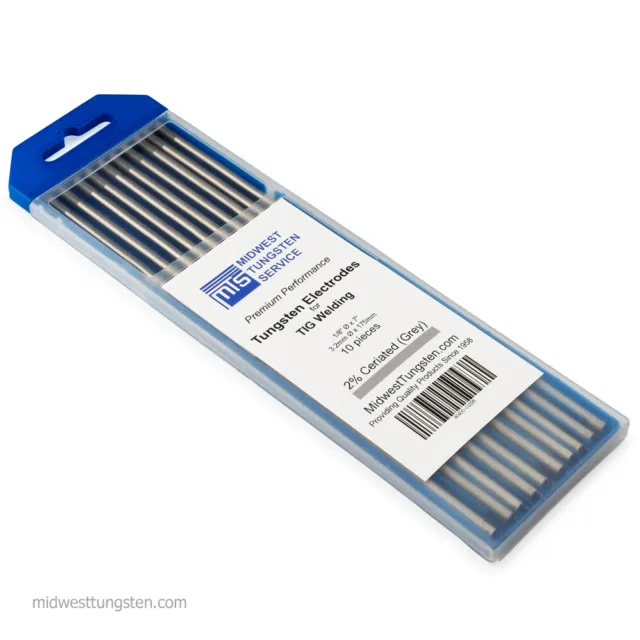 TIG Welding Tungsten Rod Electrodes 2% Ceriated 1/8” x 7” (Grey, WC20) 10PK