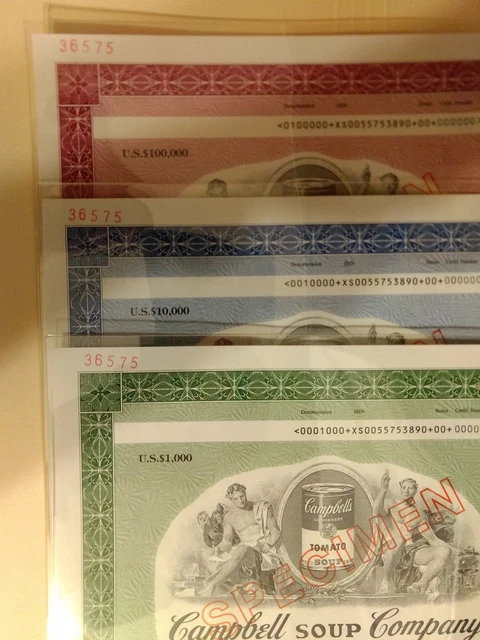 Campbell Soup $1,000 / $10,000 / $100,000 specimen bond set PASS-CO Uncirculated