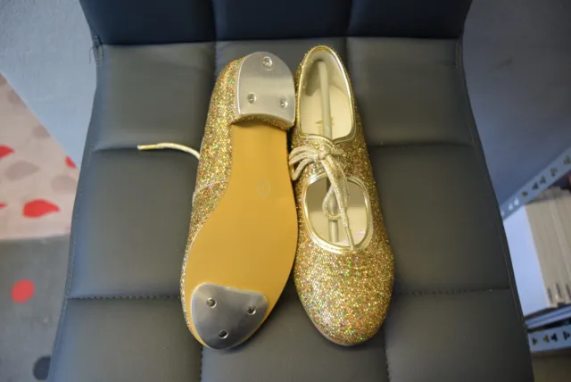 Gold hologram Starlite Maisie low heel tap shoes -with heel and toe taps