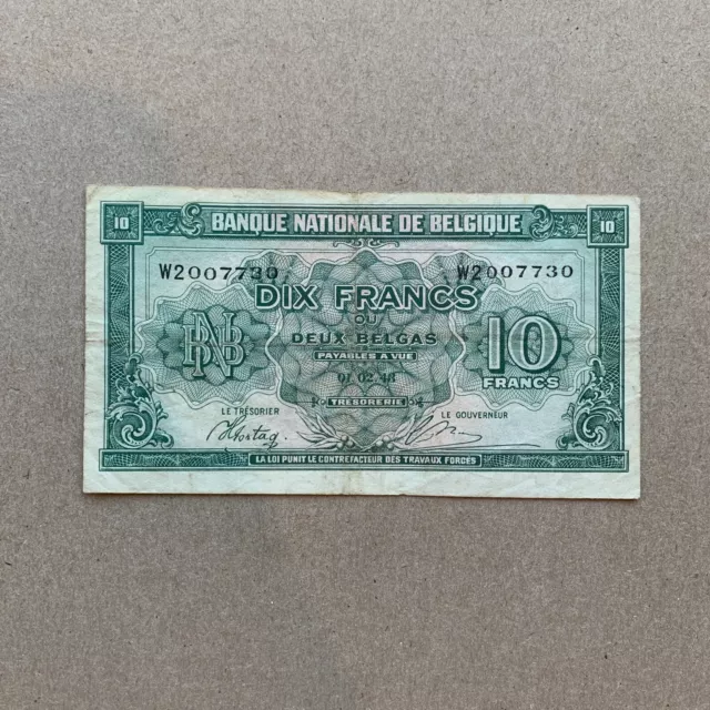 BELGIUM 10 FRANCS BANKNOTE 1943 WWII WW2 BELGIQUE Currency World War Two Era