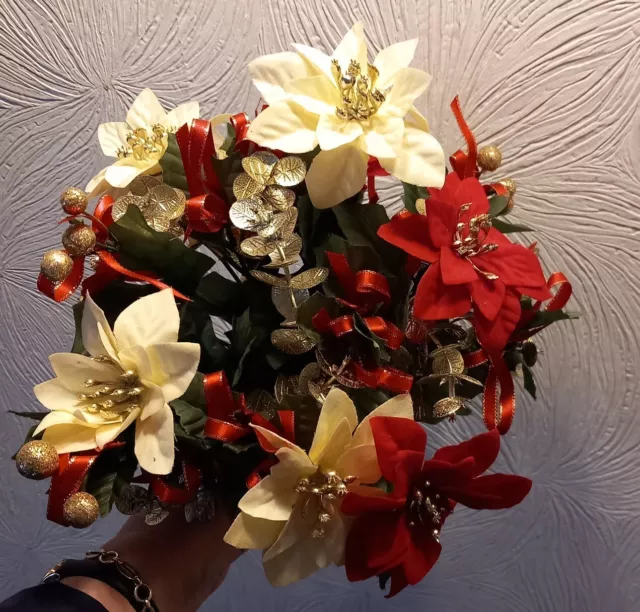 2 Poinsettia Posy Bunches Cream & Red Christmas Seasonal Faux Flowers - NEW