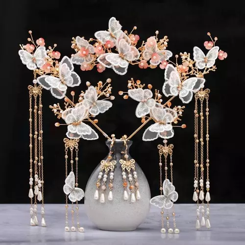 Butterfly Flower Step Tassel Crystal Pearls Hairpins Clips Hair Clip Jewelry Set