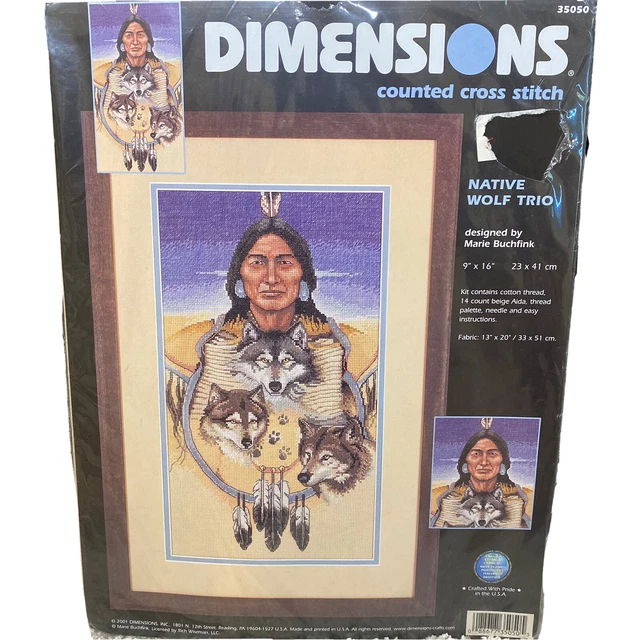 VINTAGE 2001 'NATIVE Wolf Trio' Counted Cross Stitch Kit by Dimensions