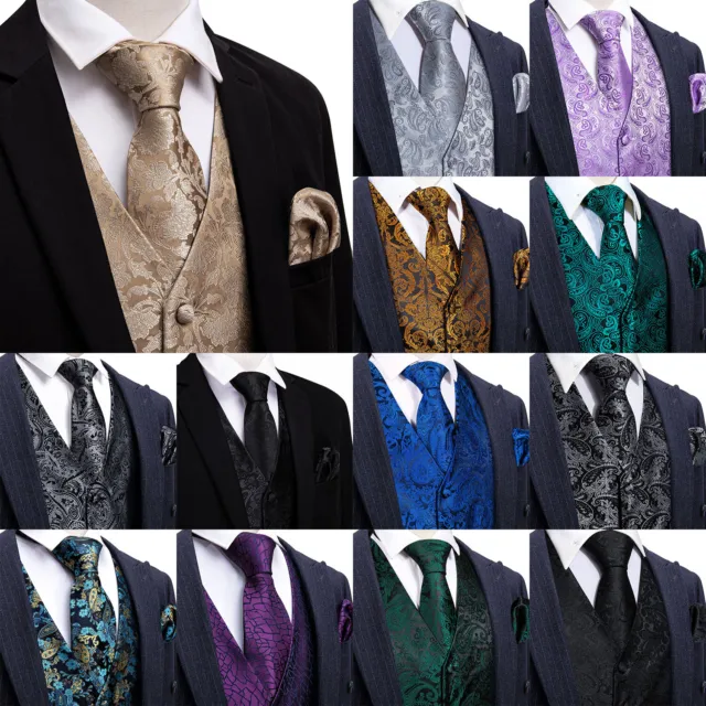Paisley Floral Silk Men Vest Suit Dress Tie Handkerchief Cufflinks Set Prom