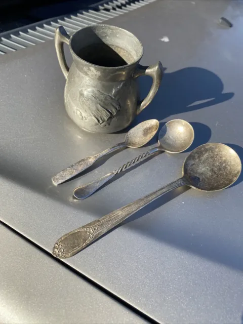 Antique  German Solid Heavy Pewter Embossed & Engraved Cup and Unknown Spoons