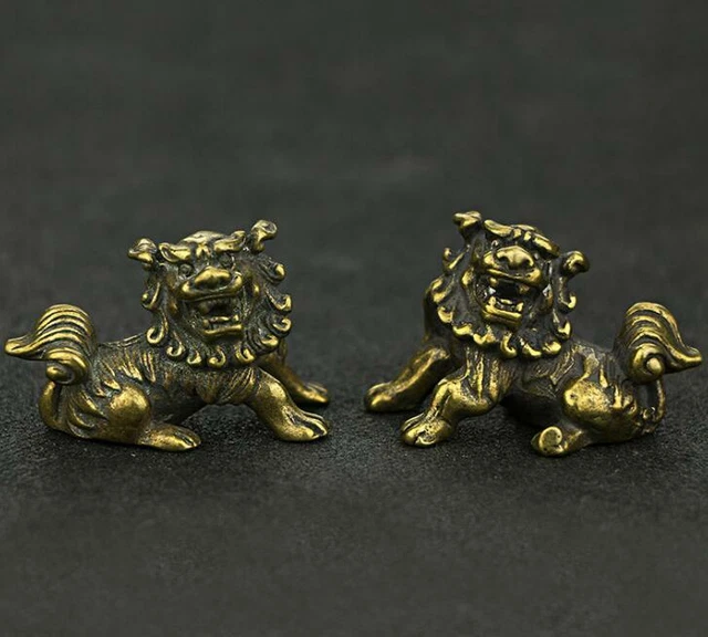 1 Pair Pure Brass Solid Lion Statue Lucky Chinese Fengshui Guardian Foo Fu Dog