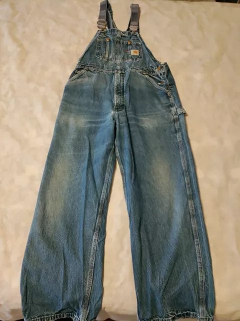Carhartt Mens Blue Denim Dungaree Workwear Bib Overalls Size 38x30 R08 DNM wn1