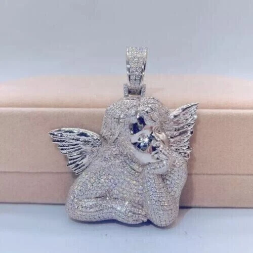 5Ct Round Cut Moissanite Men's Angel Charm Pendant 14K White Gold Plated Silver