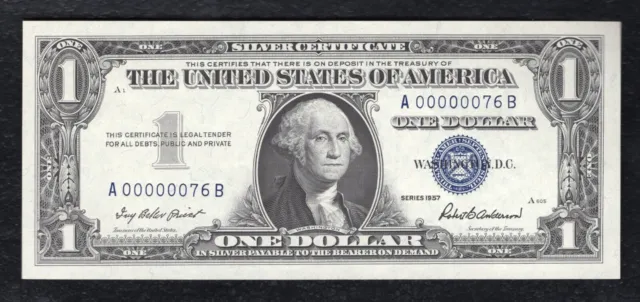 1957 $1 One Dollar Silver Certificate Note “Low Serial #76” Gem Uncirculated