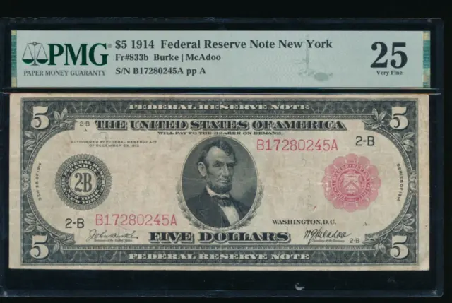AC Fr 833b 1914 $5 New York FRN red seal PMG 25