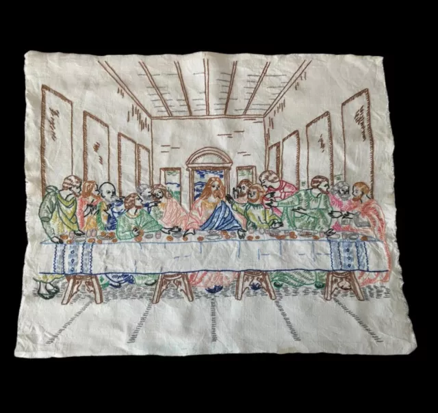 Lino sin enmarcar bordado vintage 16"" x 19,5"" de colección 1965