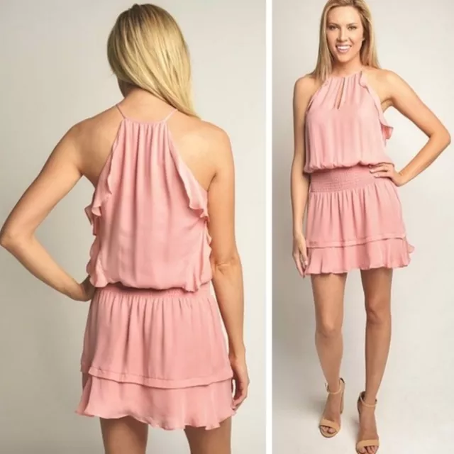 PARKER Williame Silk Pink Halter Blouson Mini Ruffled Tiered Dress $358 Size XS