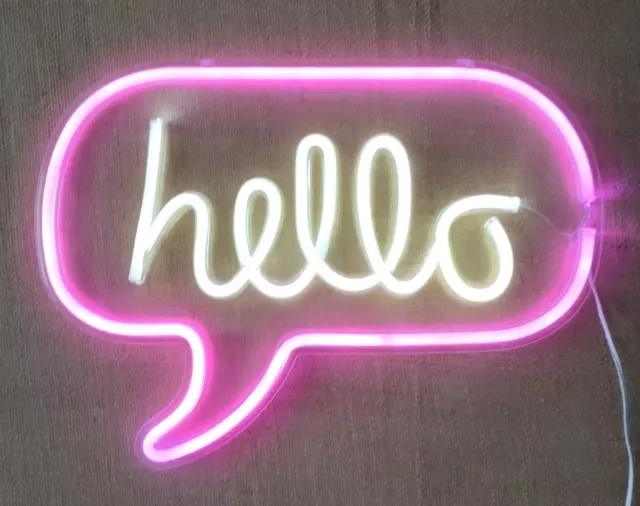 Neon Wall Sign *Hello* Usb Powered, Pink & White, Size 43 X 32cm