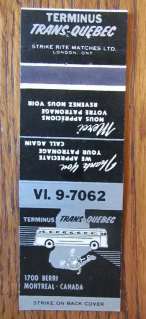 BUS MATCHBOOK COVER: TRANS-QUEBEC MONTREAL, QUEBEC 1950s EMPTY MATCHCOVER -D3