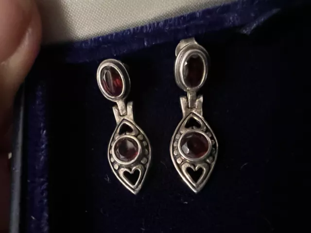 Vintage Sterling Silver Garnet Drop/ Dangly Pierced Earrings