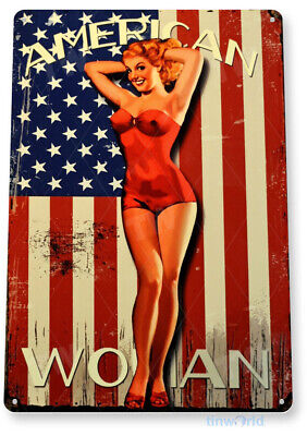 TIN SIGN American Woman Flag Pin-up Metal Décor Wall Art Cave A214